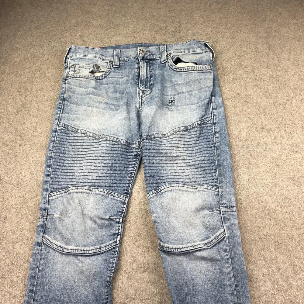True Religion Jeans Mens 36x33 Blue Light Wash Regular Straight Moto Biker Denim